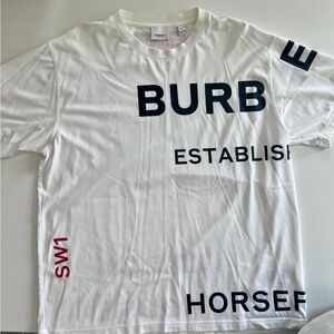 Burberry White Graphic T-Shirt with Black and Red Text Medium